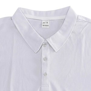 Close-up of three-button placket and collar detail on grey mesh fabric polo shirt
