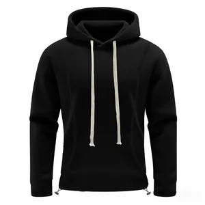 Detail of men's fleece hoodie featuring adjustable elastic drawstring and textured fabric
