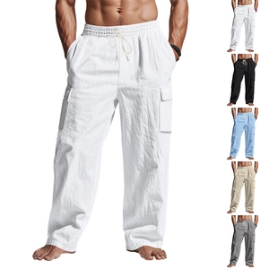 Vue détaillée du pantalon cargo en lin avec taille élastique et poches latérales à rabat