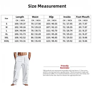 Tableau des tailles détaillé pour pantalon cargo homme en lin avec mesures CM/INCH