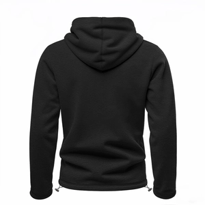 Back view of heavy polar fleece hoodie in black with drawstring hem and warm texture