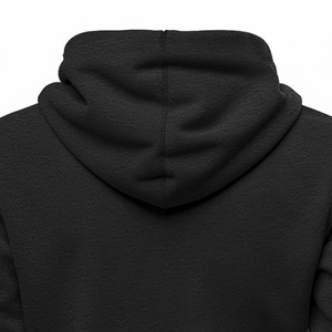 Close-up of the high-quality polar fleece fabric and hood structure on back of black hoodie