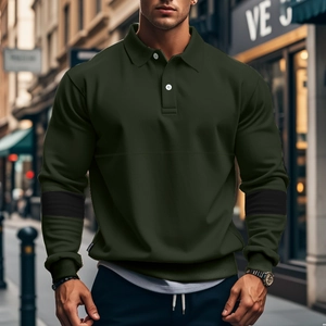Men's retro color block long sleeve polo shirt in dark green with buttoned collar