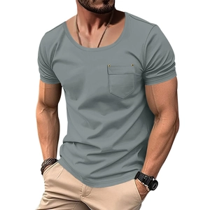 T-shirt uomo estiva grigia scollo a U a maniche corte con taschino e bottoni in metallo