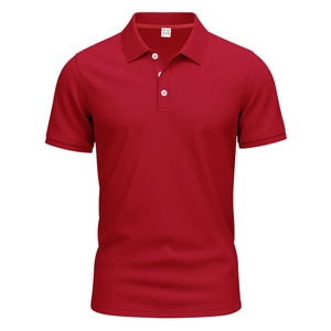 Close-up of red polo shirt fabric texture with white buttons and rib-knit collar detail