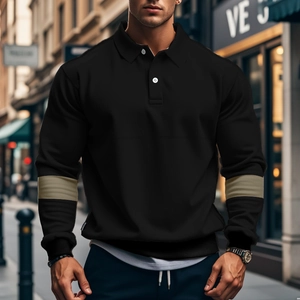 Men's retro color block polo shirt with khaki stripes and long sleeves in black cotton