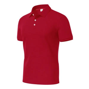 Close-up of red pique polo shirt collar with white buttons and size XXL label