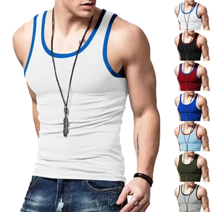 Detailed view of men's slim fit tank top with contrast trim and classic U-neckline