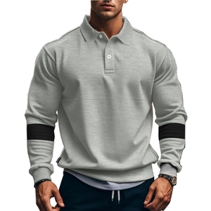 Men's retro color block long sleeve polo shirt with gray body and black sleeve stripes