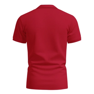 Rear view of a men's short-sleeved red polo shirt featuring breathable piqué fabric texture
