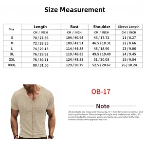 Detailed size chart for men's V-neck short sleeve shirt with S-XXXL measurements in CM and INCH