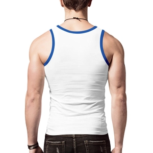 Rear view of men's quick-dry sports tank top with white fabric and navy blue trim