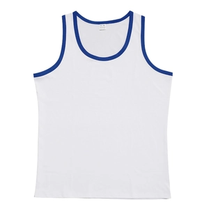 Detail of white men's sports vest featuring blue piping and 100% polyester neck label