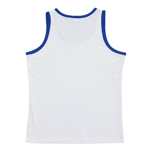 Rear view of white sleeveless sports vest with blue trim and breathable fabric details
