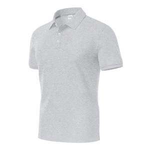 Detailed macro view of heather grey polo shirt collar with three buttons and size tag