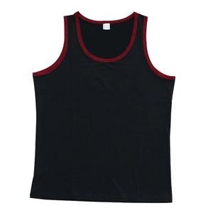 Detail view of M size tag and contrast trim on black quick-dry sport tank top for men