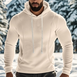 Men's off-white fleece hooded sweatshirt in snowy forest setting for winter warmth