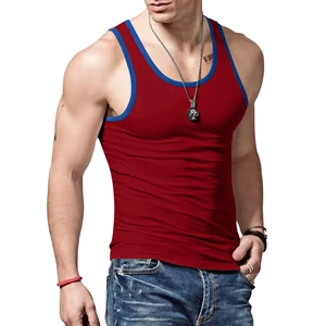 Close-up of men's athletic tank top with contrast piping in red and blue
