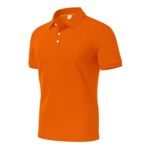 Close-up of bright orange polo shirt with breathable honeycomb fabric texture and buttons