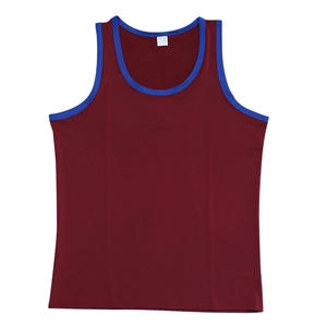 Detail of burgundy sports vest showing breathable mesh fabric and blue neck trim
