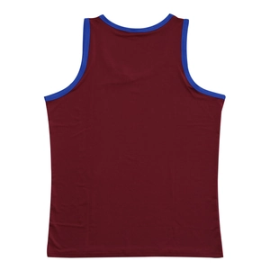 Back view of men's burgundy fitness vest with contrasting blue trim and breathable fabric