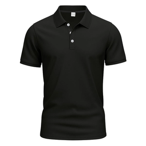Detail of black polo shirt fabric texture with 100% polyester label and white buttons