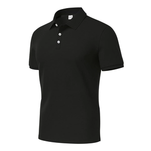 Detail of black polo shirt fabric texture with 100% polyester label and buttons