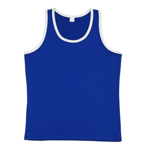 Detail of royal blue fitness tank top showing neck label and contrast white piping