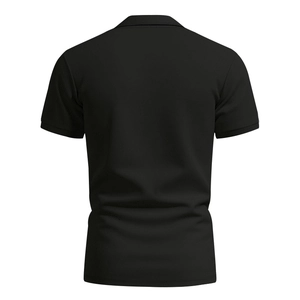 Rear view of black short-sleeve polo shirt showing honeycomb breathable mesh fabric texture