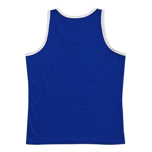 Detail view of the back of a solid navy sport tank top with contrast white binding