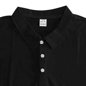 Close-up of black polo shirt collar with size M label and three-button placket detail