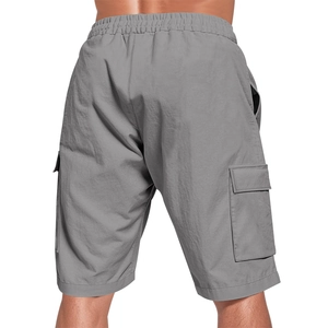 Rear view of men's grey linen cargo shorts featuring elastic drawstring waist and large pockets