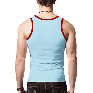 Close-up of light blue men's sports vest with red trim and racerback detail