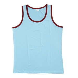 Detail of light blue quick-dry polyester tank top with contrast burgundy ribbed edges