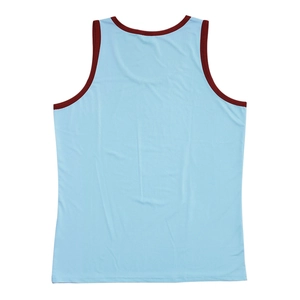 Detail of light blue mens sports tank top with contrasting dark red piped trim