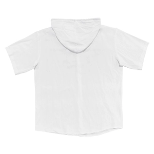 Vista trasera de una camisa blanca de manga corta con capucha en tejido de lino suave