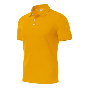 Macro shot of bright yellow polo shirt with breathable pique fabric and white buttons