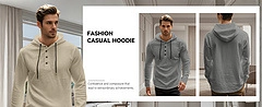 Detail of waffle knit men's hooded henley shirt with button placket and adjustable drawstrings
