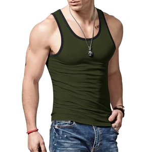 Army green fitted gym vest with black contrast piping on neckline and armholes