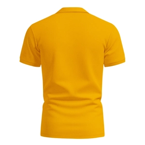 Detail view of yellow cotton mesh polo shirt back with breathable pique fabric texture
