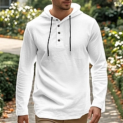 Detail of white cotton linen hoodie featuring a three-button Henley neck and black drawstrings