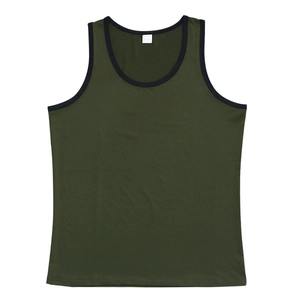 Detailed close-up of army green tank top with black piping and internal washing label