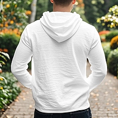 Detail of the high-quality cotton linen fabric texture on the back of a white hooded shirt
