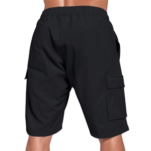 Rear view of black cargo shorts featuring elastic waistband and large utility pockets