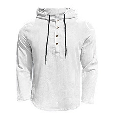 Detail of white cotton linen hoodie featuring a henley collar with brown wood buttons