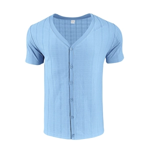Macro shot of breathable textured fabric on men's V-neck light blue summer cardigan shirt