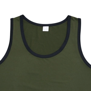 Detail of army green tank top with black piping and 100% polyester label on white background