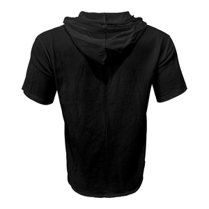 Vista trasera de una camisa negra con capucha para hombre en tejido de lino transpirable