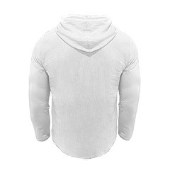 Back view of lightweight white hooded shirt featuring a curved hem and breathable fabric