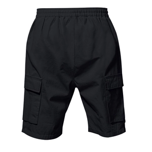 Detail der schwarzen Cargo-Shorts für Herren mit Gummizug und seitlichen Pattentaschen